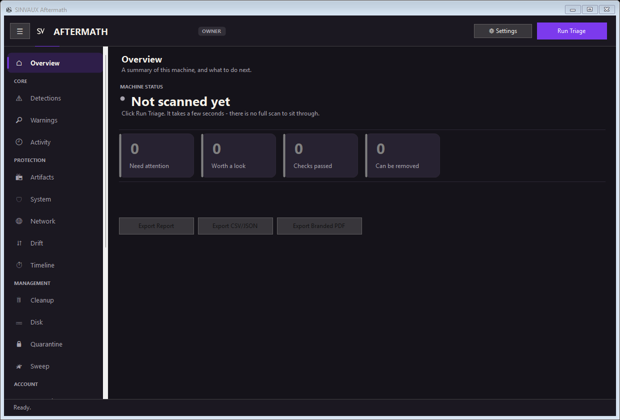 Aftermath Windows desktop application interface