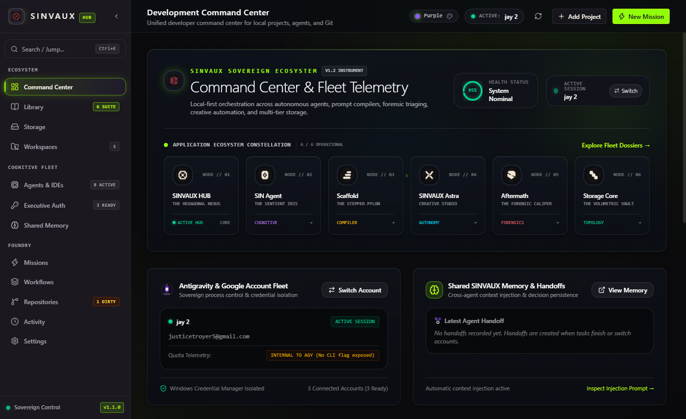 Hub Command Center showing active missions and quick tool status