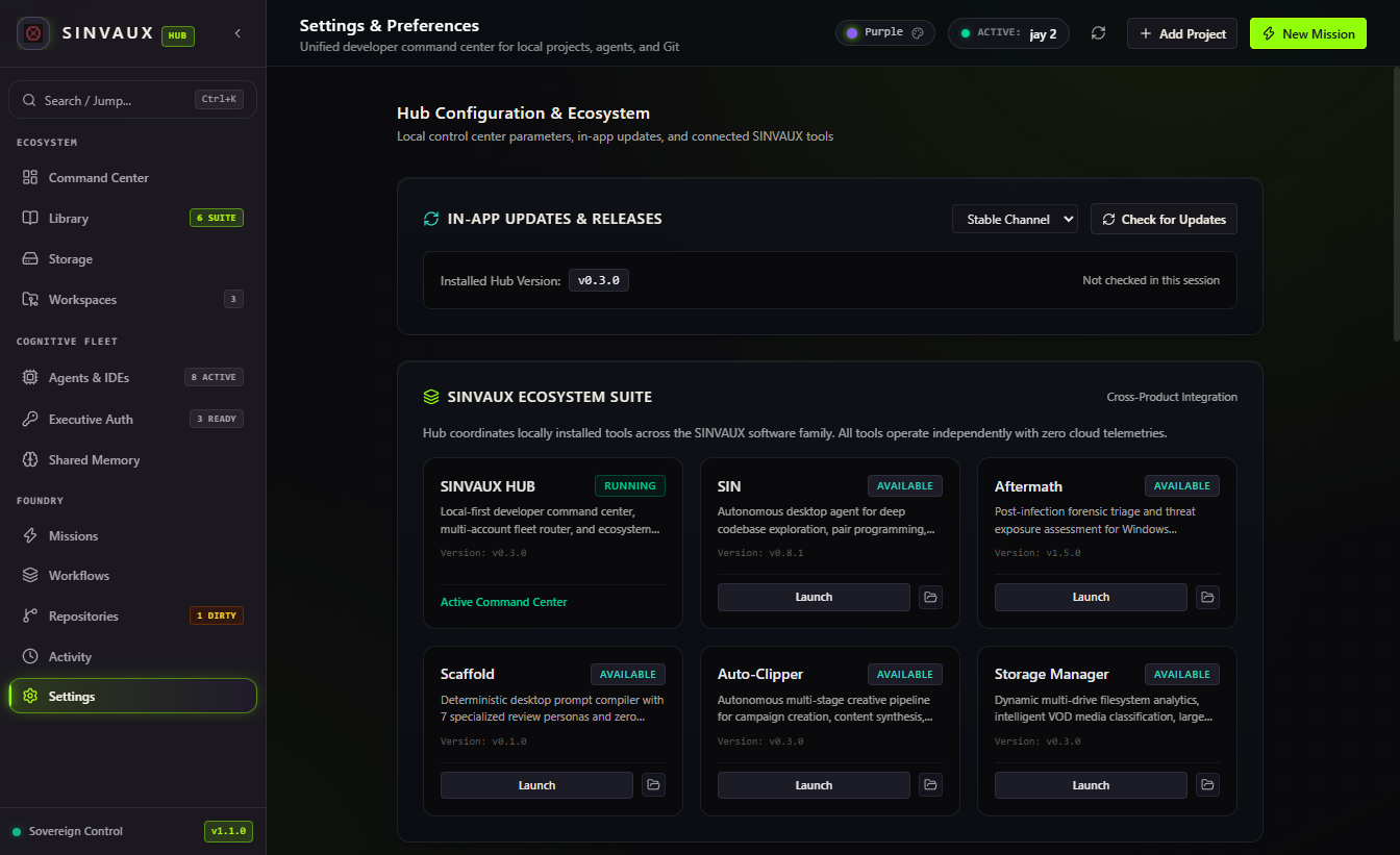 SINVAUX HUB Settings view with local update management and paired tools
