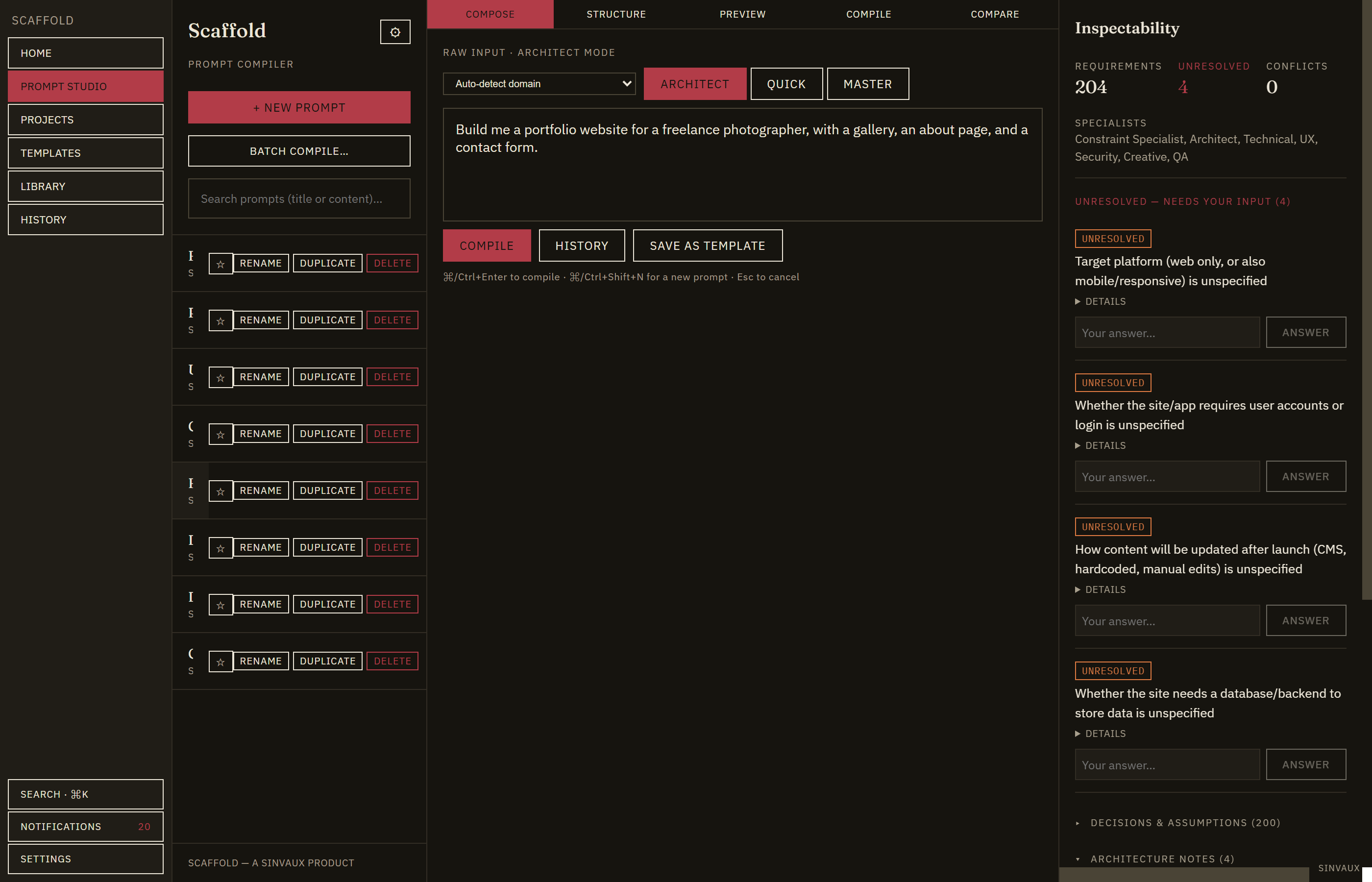 Scaffold Prompt Studio with live composition and mode selector