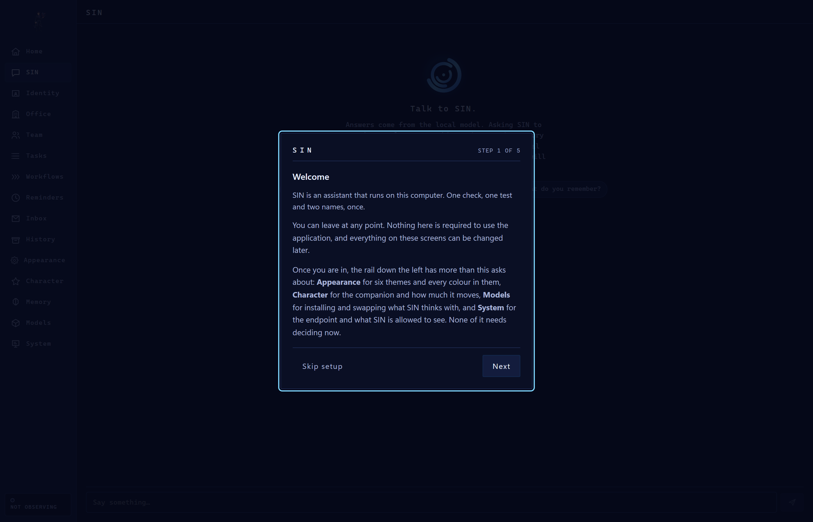 SIN Agent Personal Cognitive Core Desktop Interface